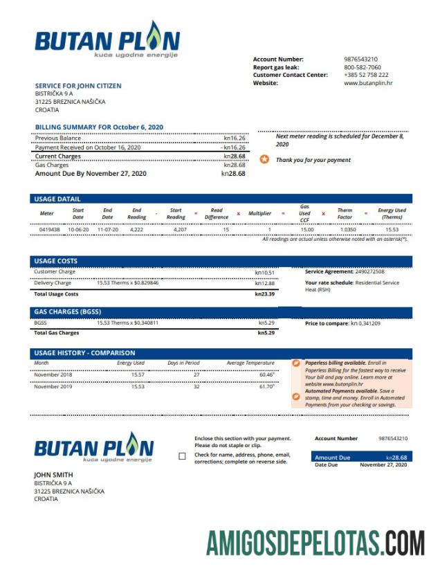Croácia BUTAN PLIN D.o.o. Conta de serviços públicos de gás exemplo